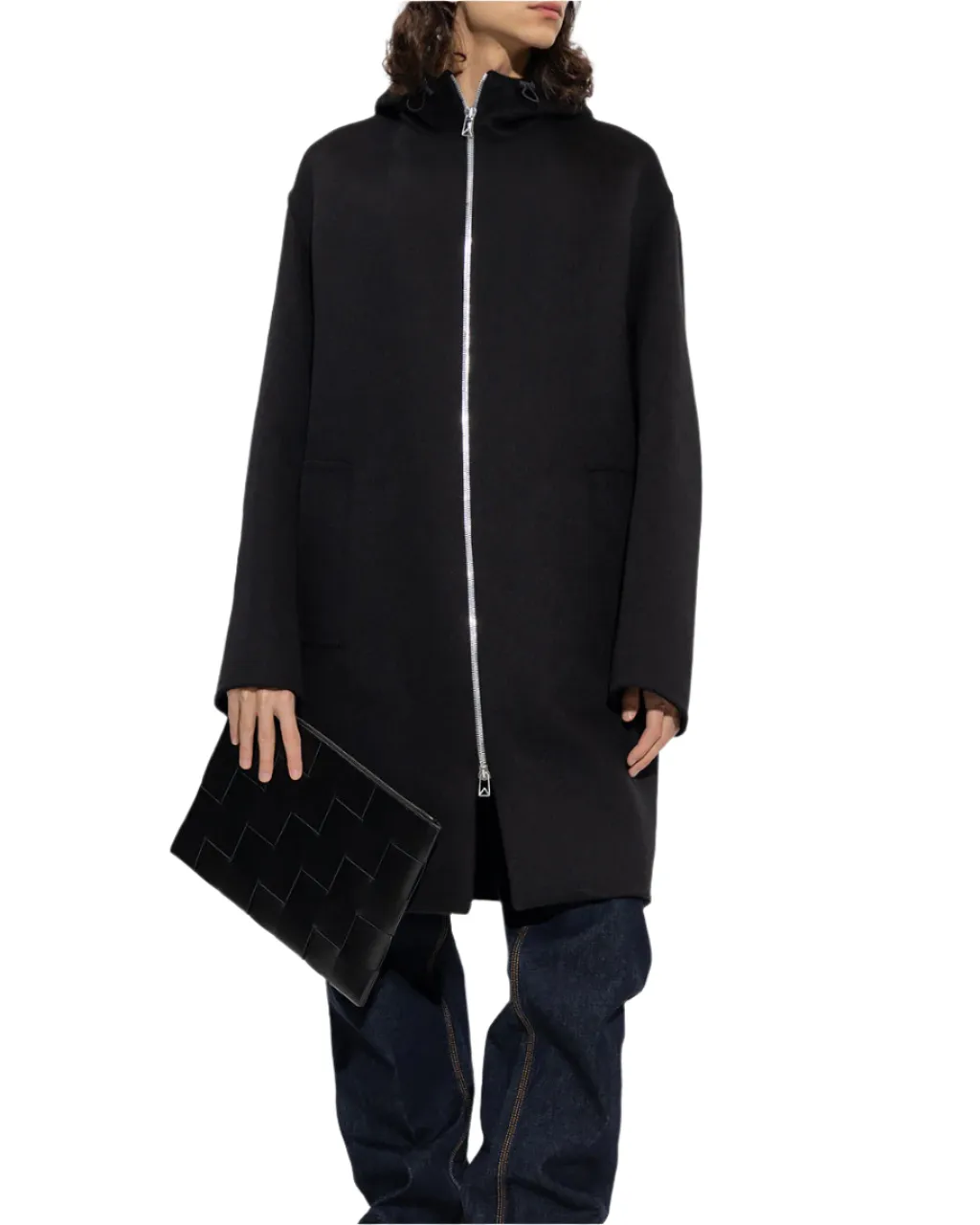Bottega Veneta New Men's Wool Zip Up Coat In Black With Hood
