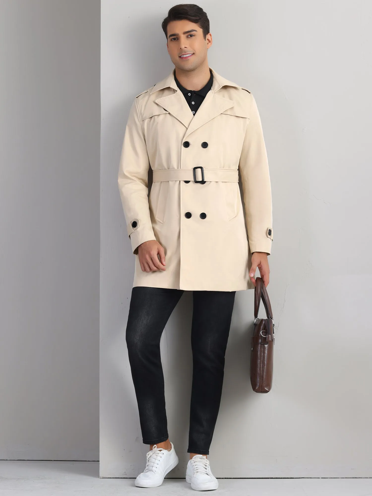 Business Trench Coat for Men's Double Breasted Notched Lapel Winter Overcoats