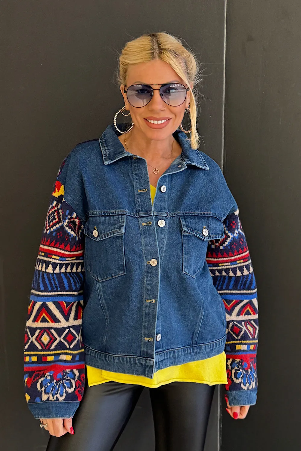 JACKET DENIM AZTEC ΜΕ ΠΛΕΚΤΑ ΜΑΝΙΚΙΑ