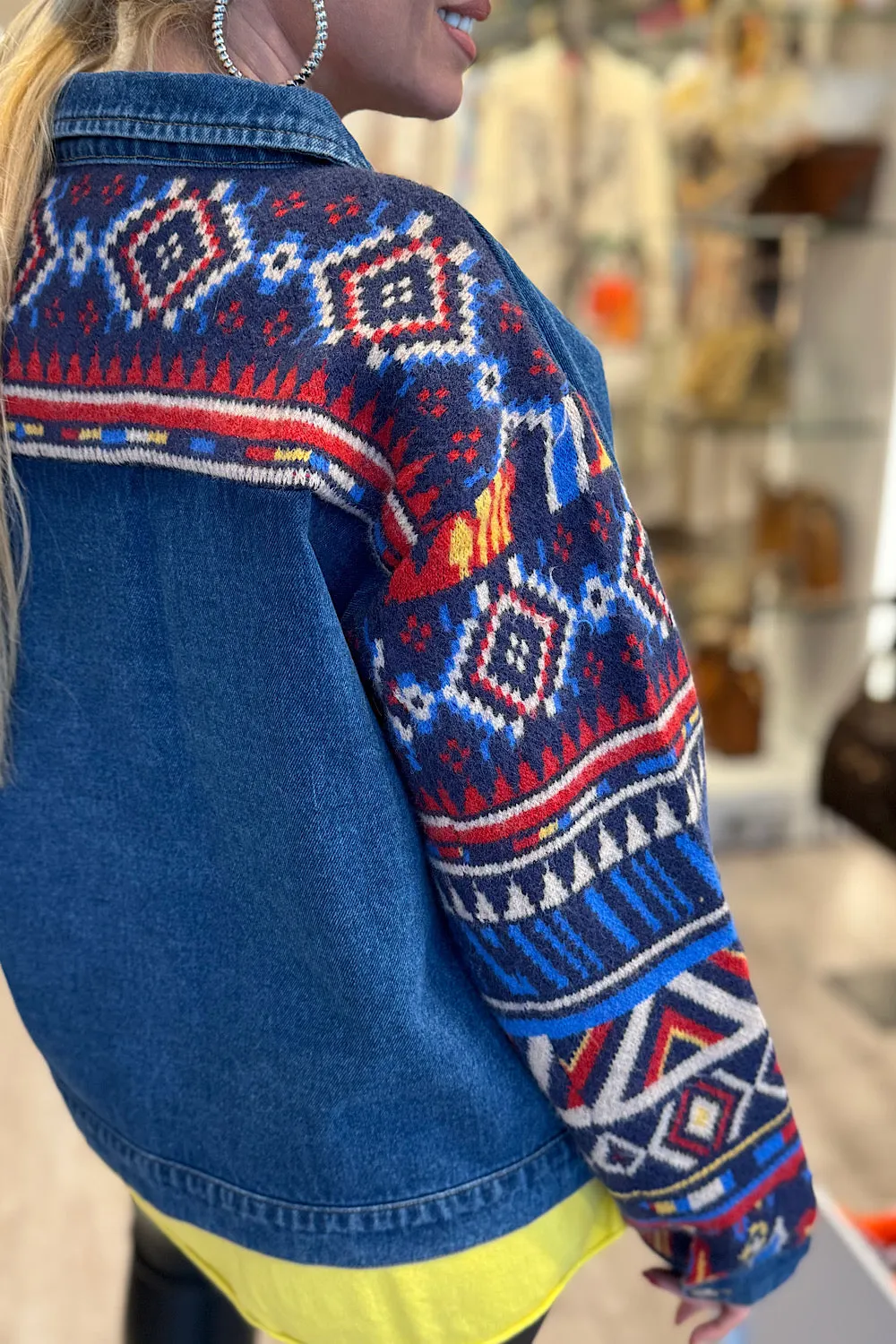 JACKET DENIM AZTEC ΜΕ ΠΛΕΚΤΑ ΜΑΝΙΚΙΑ