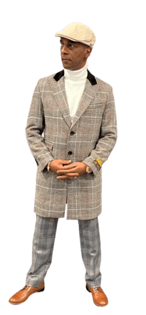 Mens Brown Color Plaid Overcoat