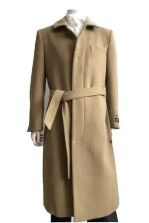 Mens Wool Belted Overcoat Camel Long Coat Full Length Belt-Coat IS