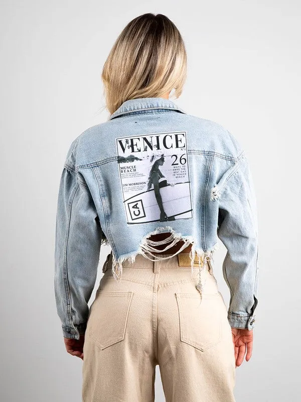 "SURFER GIRL VENICE BEACH" Crop Denim Jacket