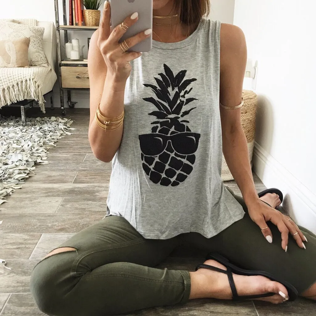 Scoop Sleeveless Pineapple Print Split Casual Vests