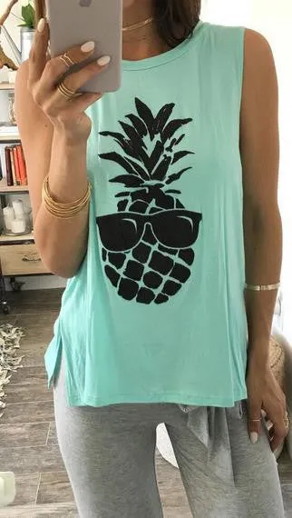 Scoop Sleeveless Pineapple Print Split Casual Vests