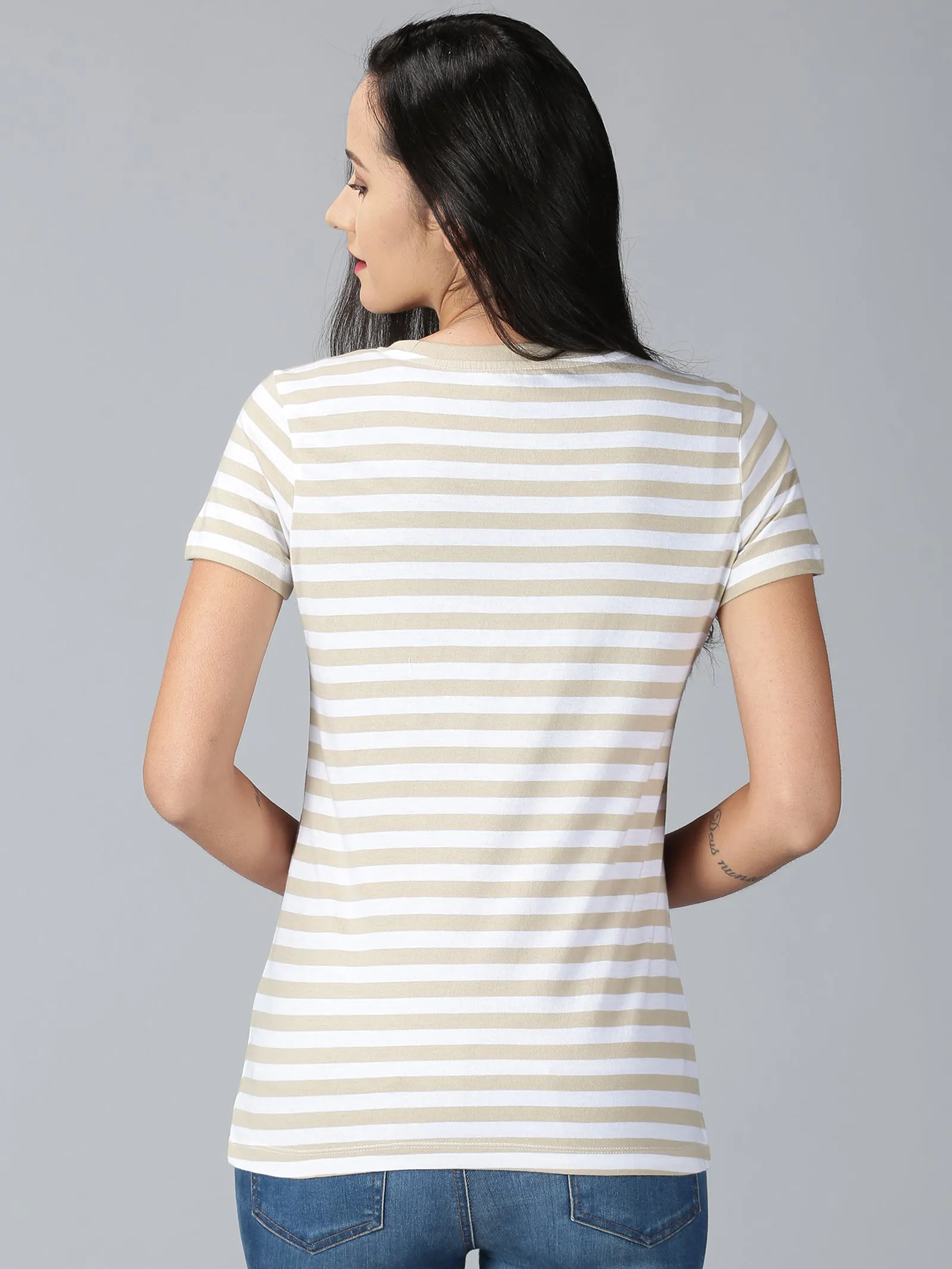 Women Beige Striped Round Neck Casual T-Shirt