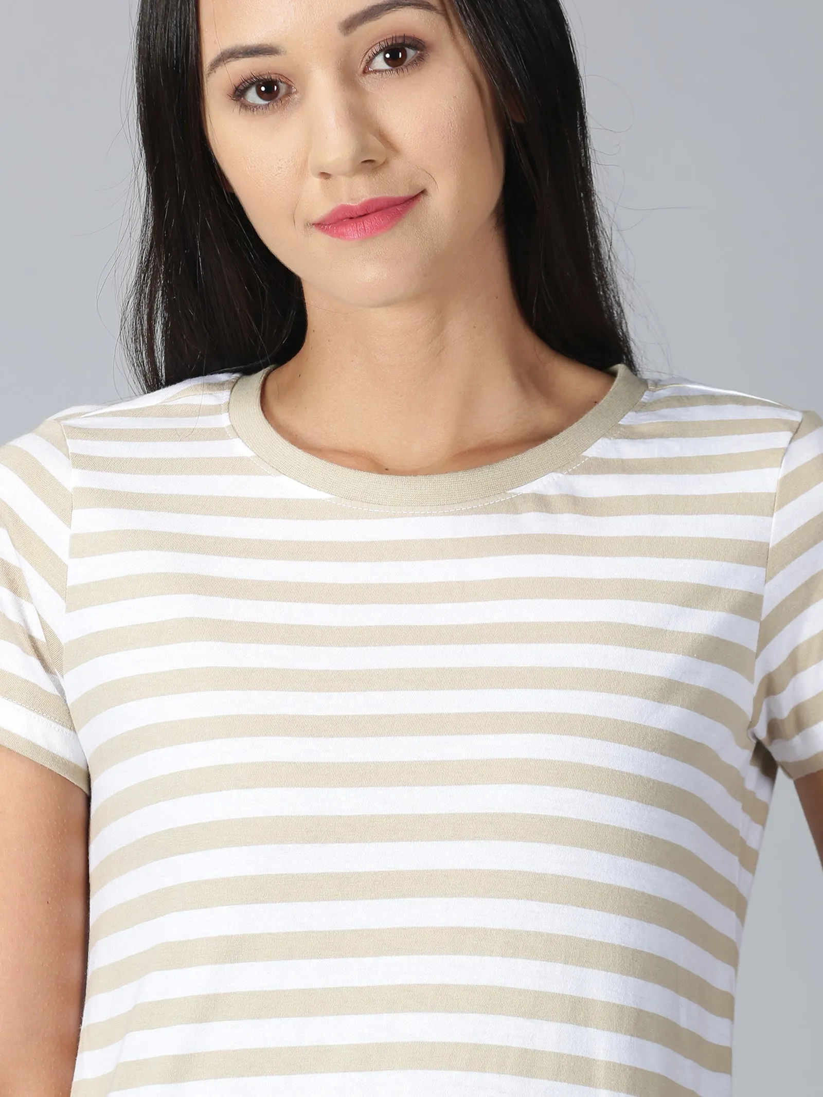 Women Beige Striped Round Neck Casual T-Shirt