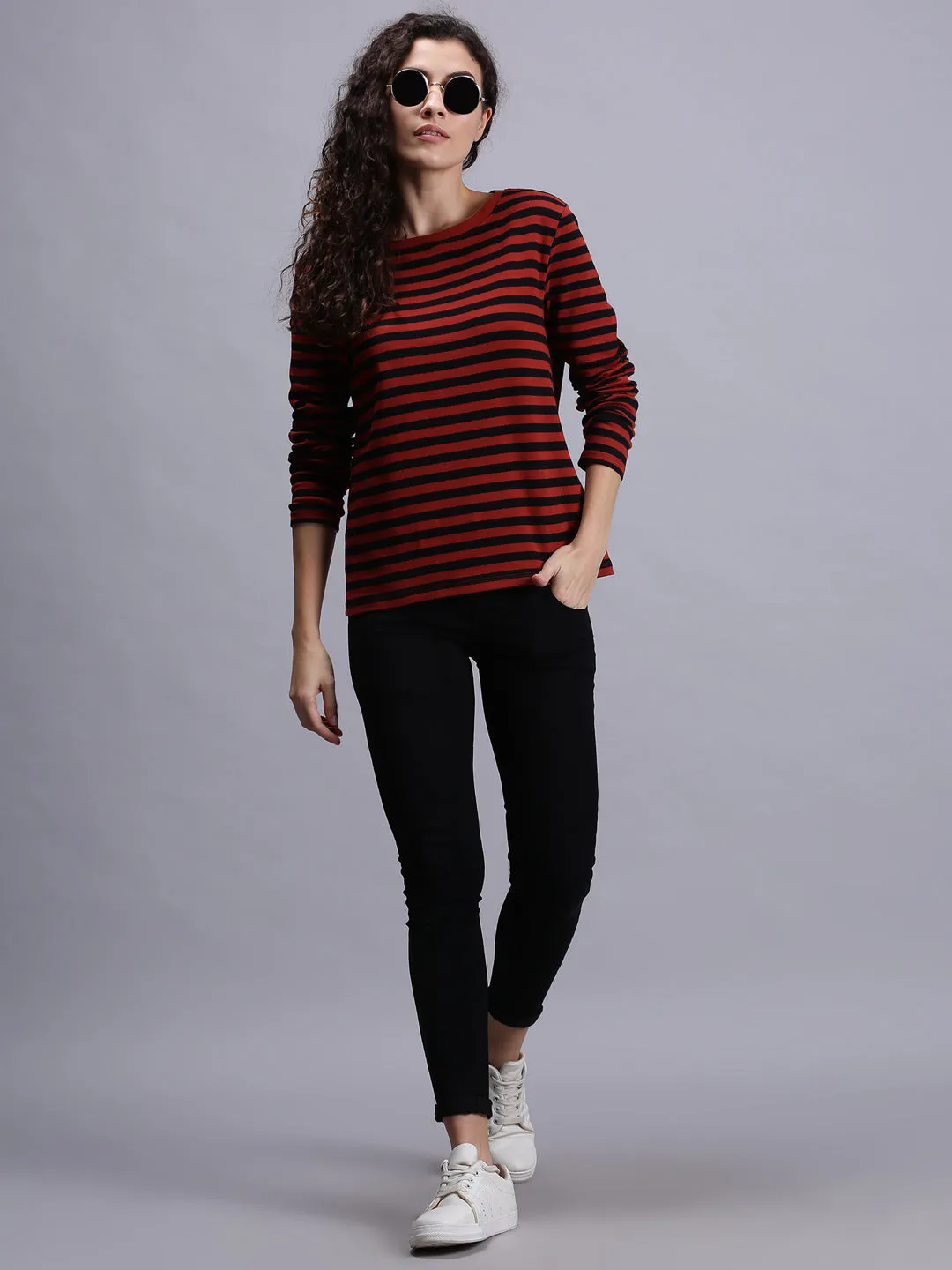 Women Red Striped Full Sleeve Crew Neck T-shirt