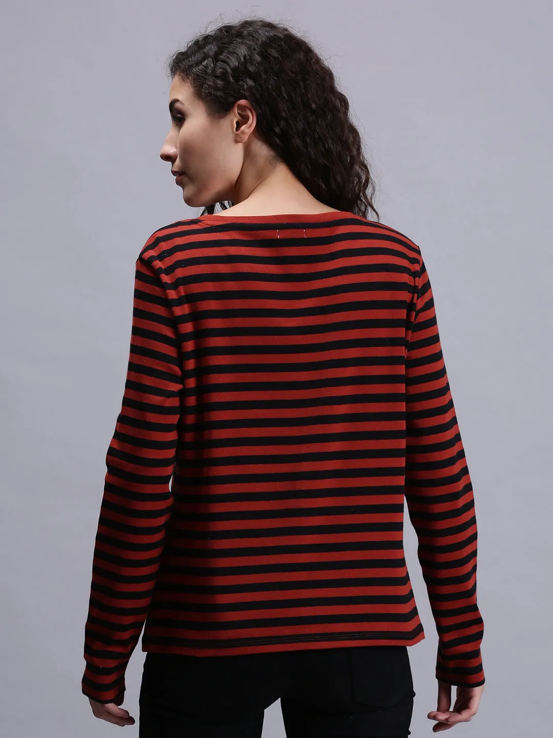 Women Red Striped Full Sleeve Crew Neck T-shirt