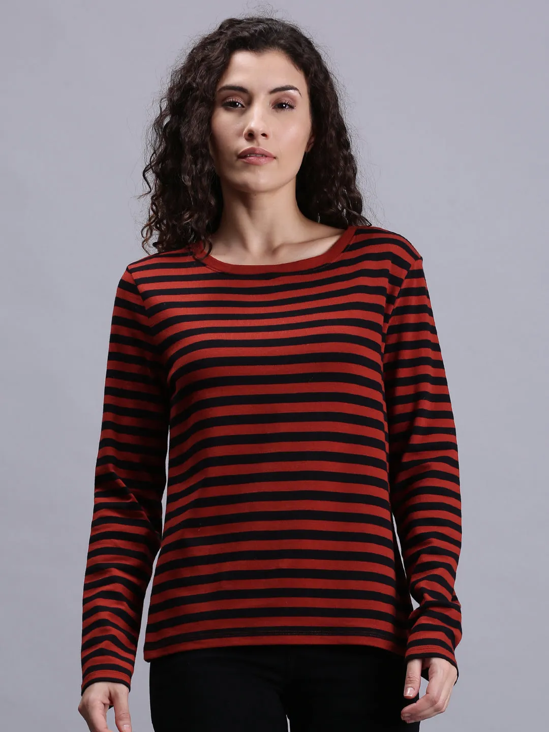 Women Red Striped Full Sleeve Crew Neck T-shirt