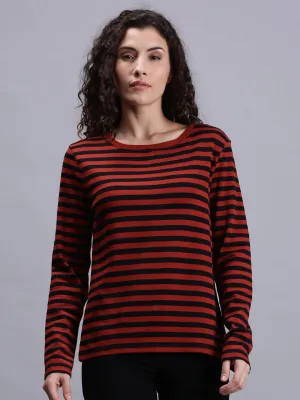 Women Red Striped Full Sleeve Crew Neck T-shirt