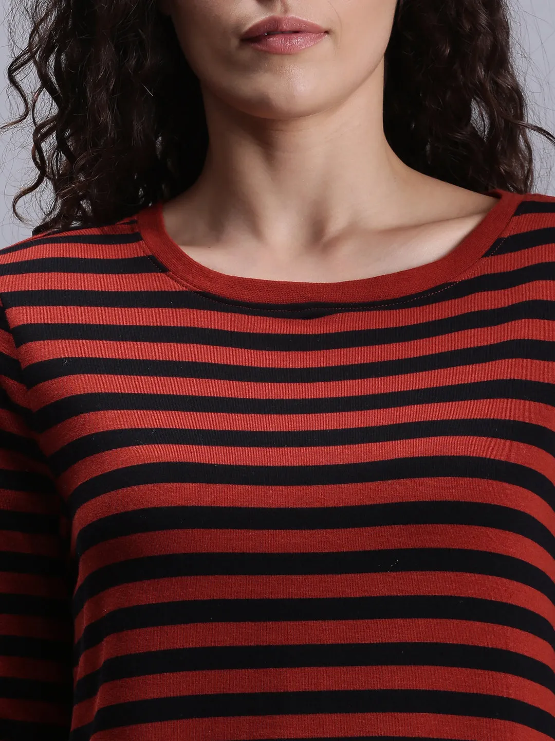 Women Red Striped Full Sleeve Crew Neck T-shirt