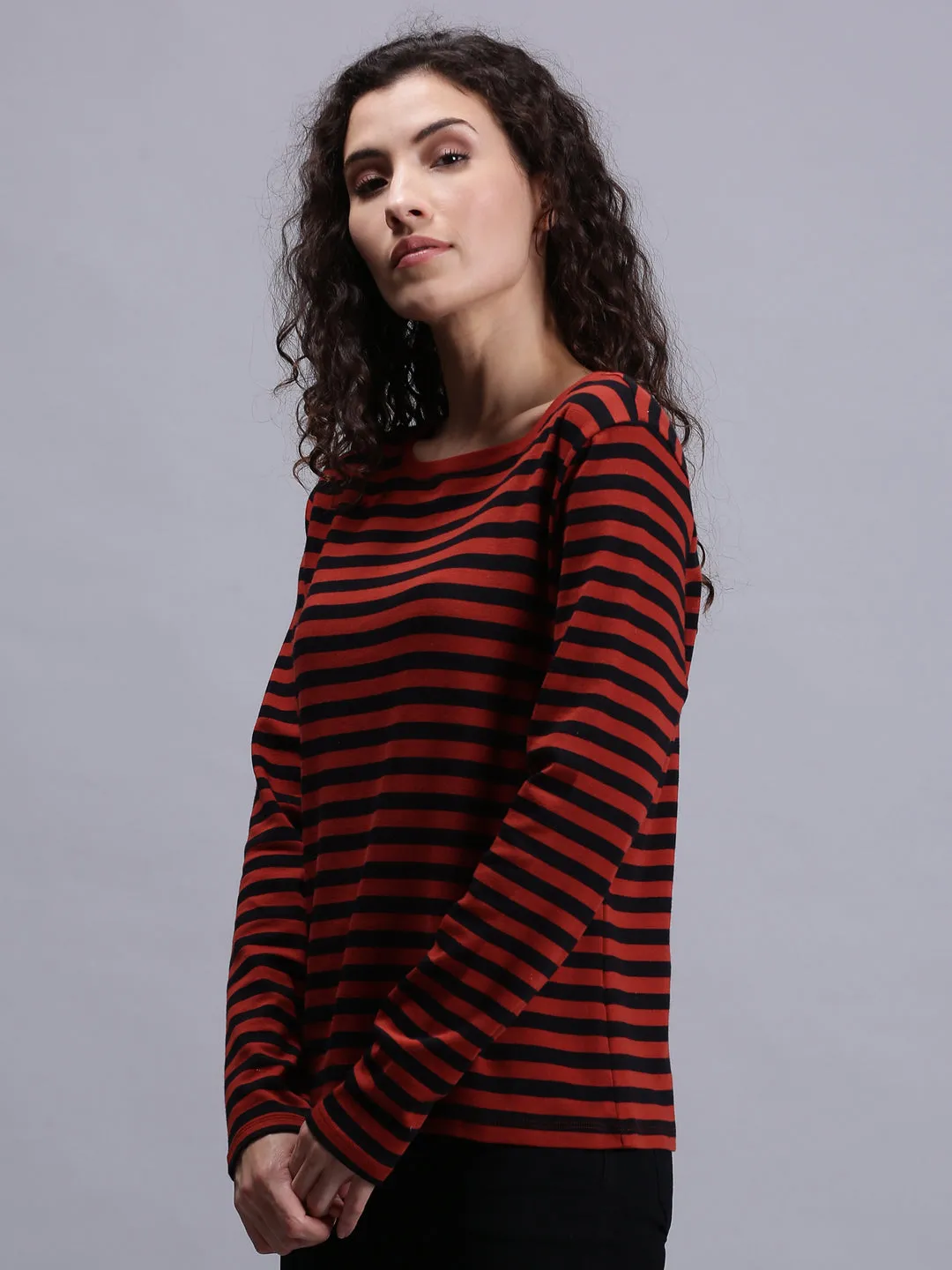 Women Red Striped Full Sleeve Crew Neck T-shirt