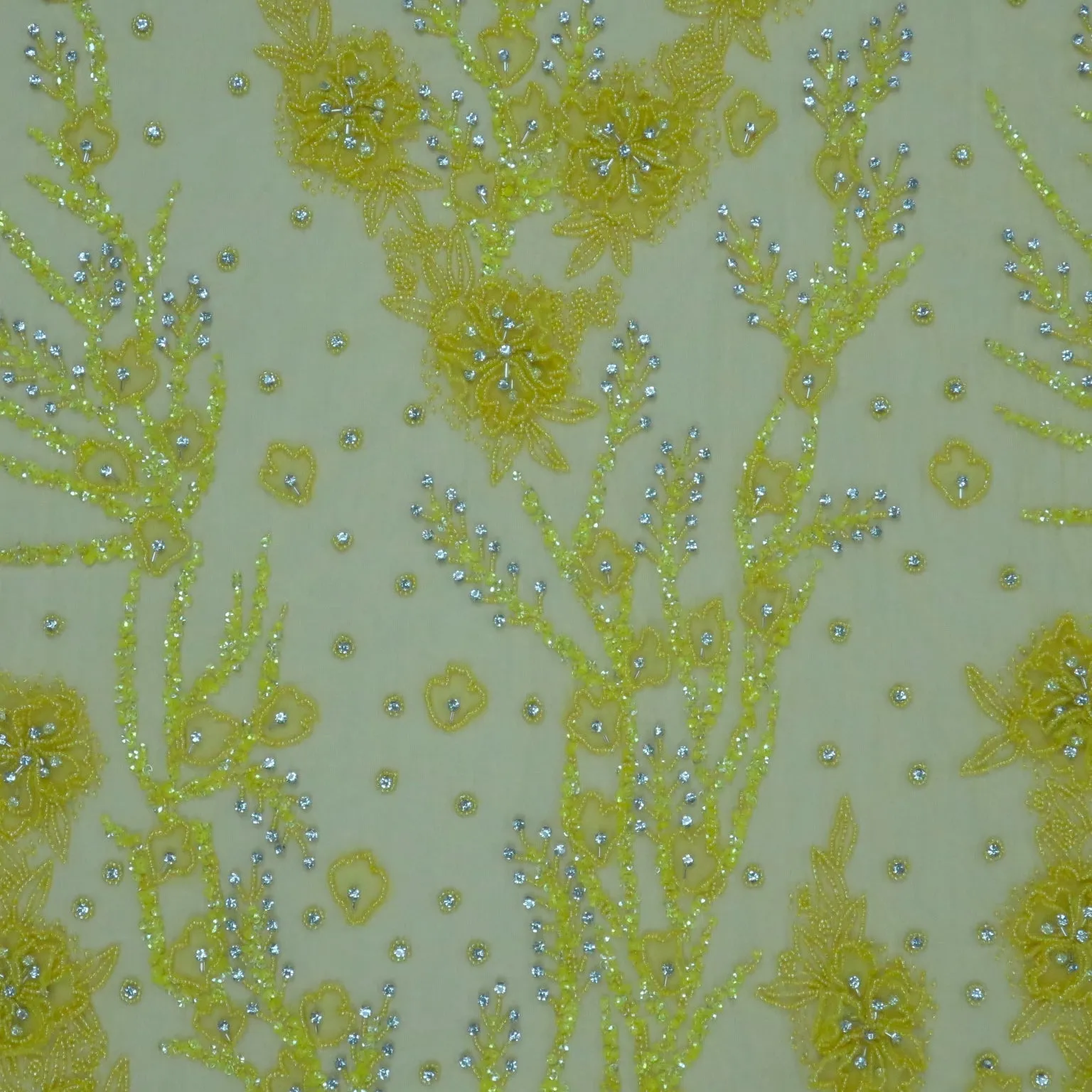 Yellow Floral with Bugle Beads and Rhinestones Embroidered Tulle Fabric