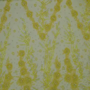 Yellow Floral with Bugle Beads and Rhinestones Embroidered Tulle Fabric